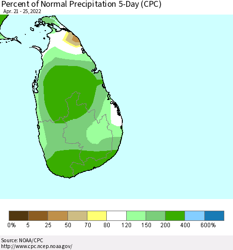 Sri Lanka Percent of Normal Precipitation 5-Day (CPC) Thematic Map For 4/21/2022 - 4/25/2022