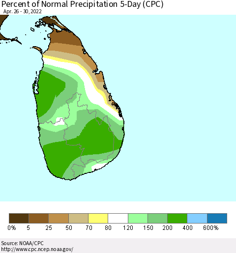 Sri Lanka Percent of Normal Precipitation 5-Day (CPC) Thematic Map For 4/26/2022 - 4/30/2022