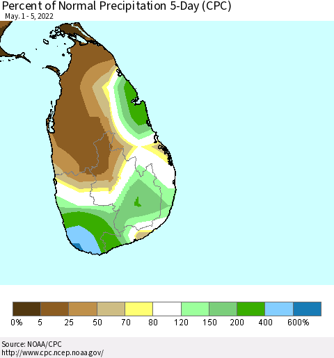 Sri Lanka Percent of Normal Precipitation 5-Day (CPC) Thematic Map For 5/1/2022 - 5/5/2022