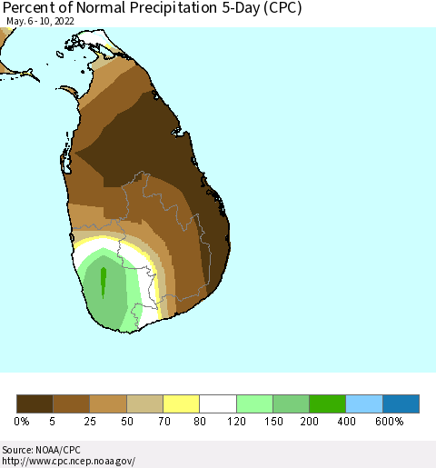Sri Lanka Percent of Normal Precipitation 5-Day (CPC) Thematic Map For 5/6/2022 - 5/10/2022