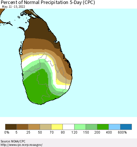 Sri Lanka Percent of Normal Precipitation 5-Day (CPC) Thematic Map For 5/11/2022 - 5/15/2022