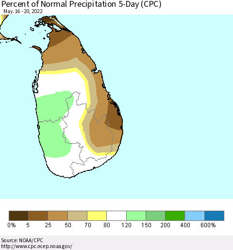 Sri Lanka Percent of Normal Precipitation 5-Day (CPC) Thematic Map For 5/16/2022 - 5/20/2022