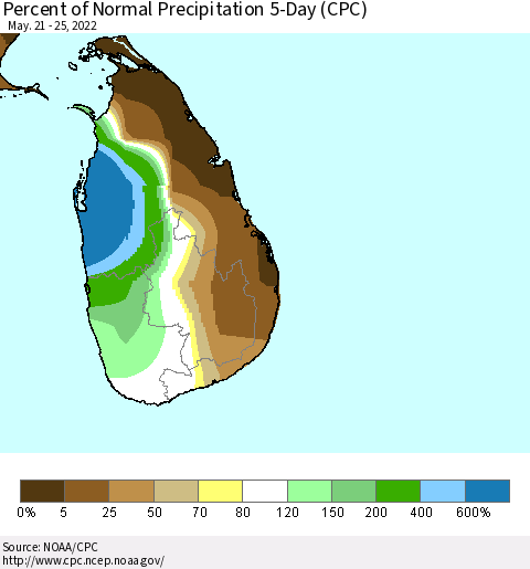 Sri Lanka Percent of Normal Precipitation 5-Day (CPC) Thematic Map For 5/21/2022 - 5/25/2022