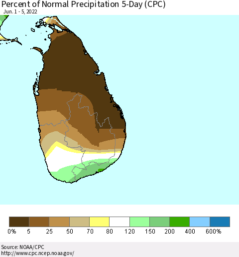 Sri Lanka Percent of Normal Precipitation 5-Day (CPC) Thematic Map For 6/1/2022 - 6/5/2022