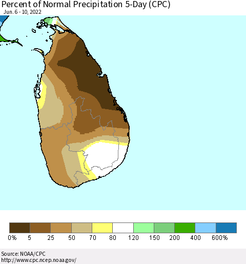 Sri Lanka Percent of Normal Precipitation 5-Day (CPC) Thematic Map For 6/6/2022 - 6/10/2022