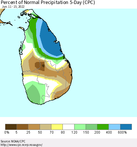 Sri Lanka Percent of Normal Precipitation 5-Day (CPC) Thematic Map For 6/11/2022 - 6/15/2022