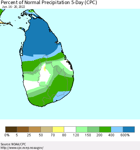 Sri Lanka Percent of Normal Precipitation 5-Day (CPC) Thematic Map For 6/16/2022 - 6/20/2022