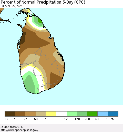 Sri Lanka Percent of Normal Precipitation 5-Day (CPC) Thematic Map For 6/21/2022 - 6/25/2022