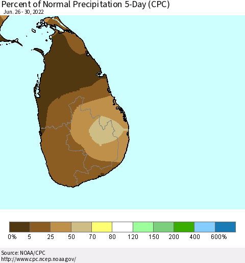 Sri Lanka Percent of Normal Precipitation 5-Day (CPC) Thematic Map For 6/26/2022 - 6/30/2022