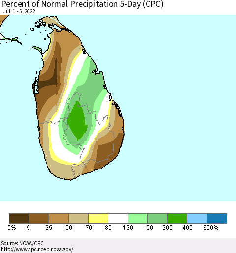Sri Lanka Percent of Normal Precipitation 5-Day (CPC) Thematic Map For 7/1/2022 - 7/5/2022