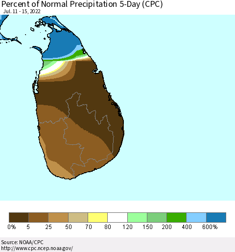 Sri Lanka Percent of Normal Precipitation 5-Day (CPC) Thematic Map For 7/11/2022 - 7/15/2022