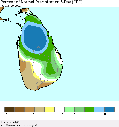 Sri Lanka Percent of Normal Precipitation 5-Day (CPC) Thematic Map For 7/16/2022 - 7/20/2022