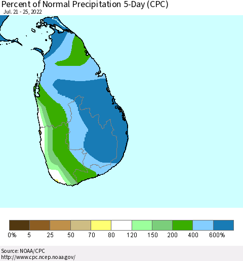 Sri Lanka Percent of Normal Precipitation 5-Day (CPC) Thematic Map For 7/21/2022 - 7/25/2022