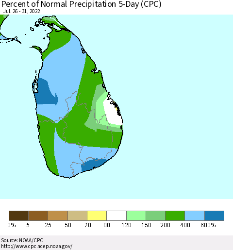 Sri Lanka Percent of Normal Precipitation 5-Day (CPC) Thematic Map For 7/26/2022 - 7/31/2022