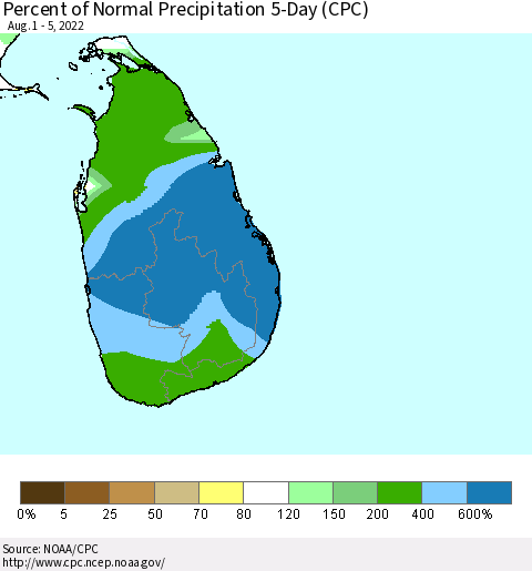 Sri Lanka Percent of Normal Precipitation 5-Day (CPC) Thematic Map For 8/1/2022 - 8/5/2022