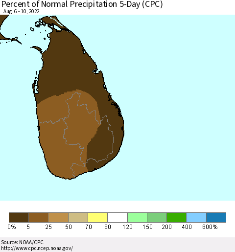 Sri Lanka Percent of Normal Precipitation 5-Day (CPC) Thematic Map For 8/6/2022 - 8/10/2022