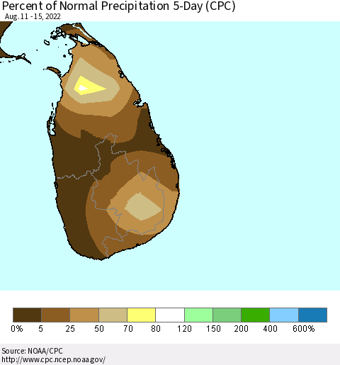 Sri Lanka Percent of Normal Precipitation 5-Day (CPC) Thematic Map For 8/11/2022 - 8/15/2022