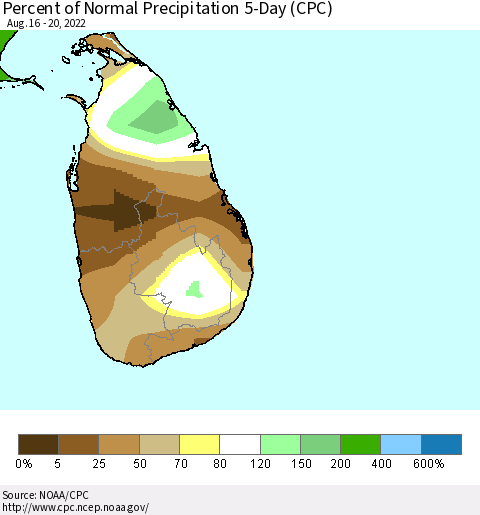 Sri Lanka Percent of Normal Precipitation 5-Day (CPC) Thematic Map For 8/16/2022 - 8/20/2022