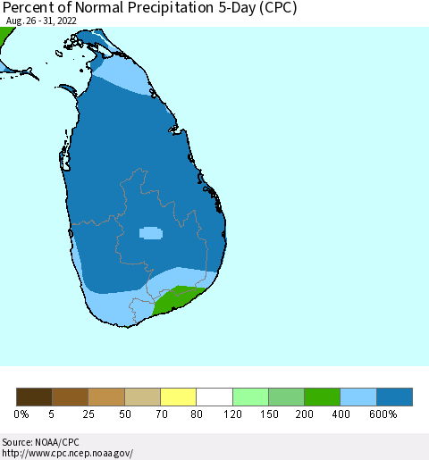 Sri Lanka Percent of Normal Precipitation 5-Day (CPC) Thematic Map For 8/26/2022 - 8/31/2022