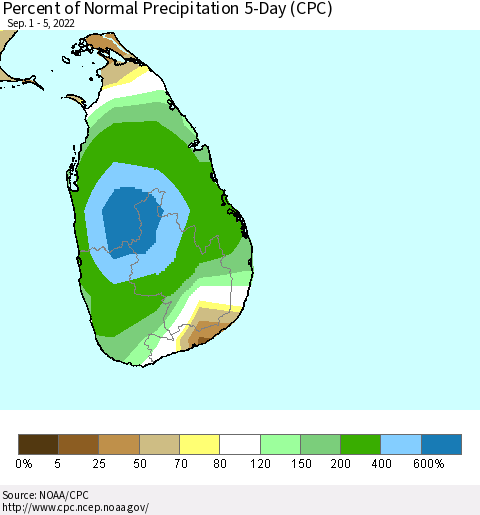 Sri Lanka Percent of Normal Precipitation 5-Day (CPC) Thematic Map For 9/1/2022 - 9/5/2022