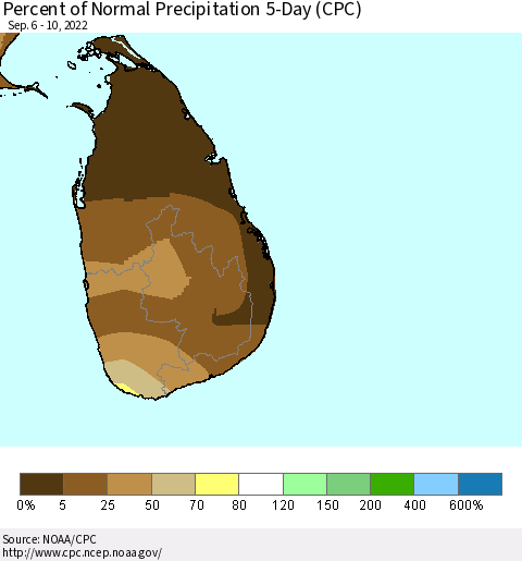 Sri Lanka Percent of Normal Precipitation 5-Day (CPC) Thematic Map For 9/6/2022 - 9/10/2022