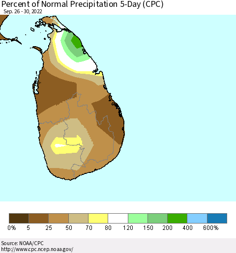 Sri Lanka Percent of Normal Precipitation 5-Day (CPC) Thematic Map For 9/26/2022 - 9/30/2022