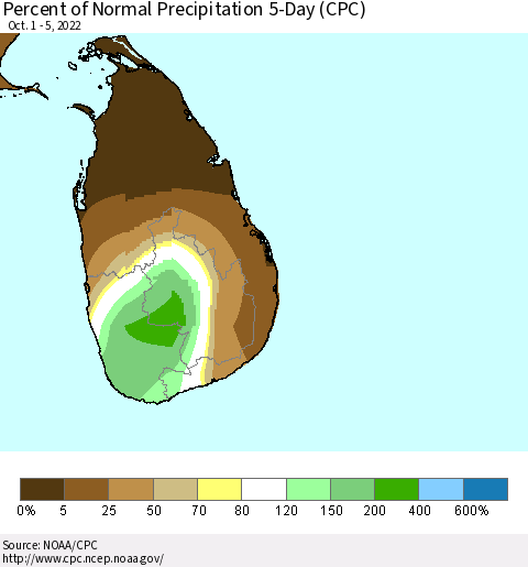 Sri Lanka Percent of Normal Precipitation 5-Day (CPC) Thematic Map For 10/1/2022 - 10/5/2022