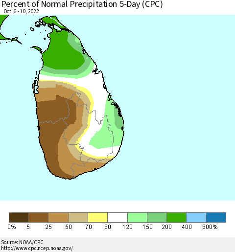 Sri Lanka Percent of Normal Precipitation 5-Day (CPC) Thematic Map For 10/6/2022 - 10/10/2022