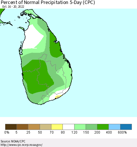 Sri Lanka Percent of Normal Precipitation 5-Day (CPC) Thematic Map For 10/16/2022 - 10/20/2022
