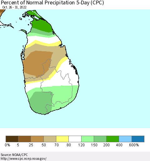 Sri Lanka Percent of Normal Precipitation 5-Day (CPC) Thematic Map For 10/26/2022 - 10/31/2022