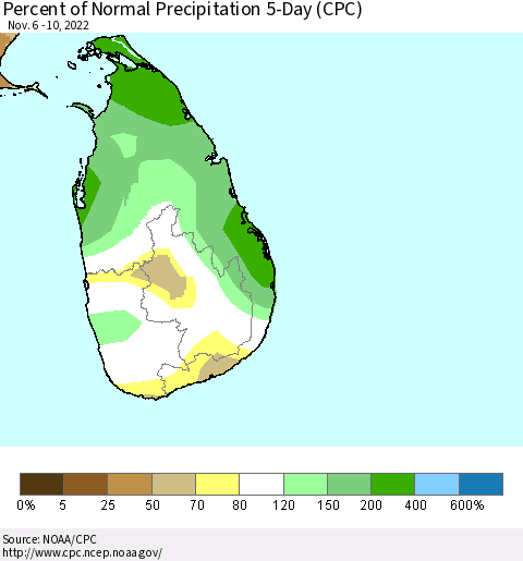 Sri Lanka Percent of Normal Precipitation 5-Day (CPC) Thematic Map For 11/6/2022 - 11/10/2022