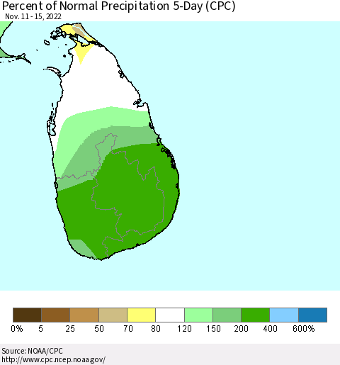 Sri Lanka Percent of Normal Precipitation 5-Day (CPC) Thematic Map For 11/11/2022 - 11/15/2022