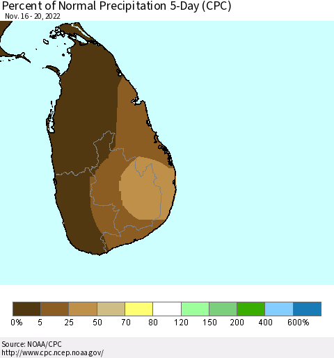 Sri Lanka Percent of Normal Precipitation 5-Day (CPC) Thematic Map For 11/16/2022 - 11/20/2022
