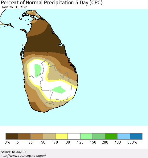 Sri Lanka Percent of Normal Precipitation 5-Day (CPC) Thematic Map For 11/26/2022 - 11/30/2022