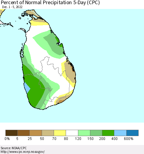 Sri Lanka Percent of Normal Precipitation 5-Day (CPC) Thematic Map For 12/1/2022 - 12/5/2022