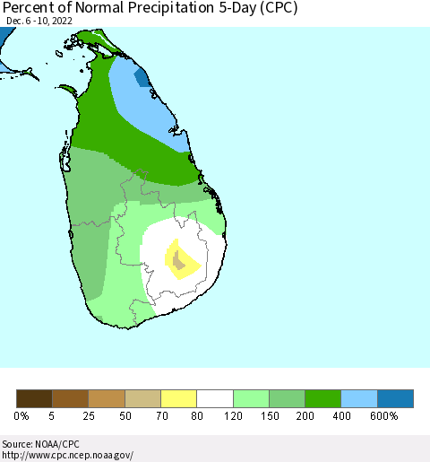 Sri Lanka Percent of Normal Precipitation 5-Day (CPC) Thematic Map For 12/6/2022 - 12/10/2022