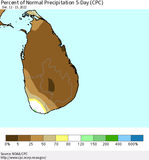 Sri Lanka Percent of Normal Precipitation 5-Day (CPC) Thematic Map For 12/11/2022 - 12/15/2022