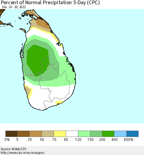 Sri Lanka Percent of Normal Precipitation 5-Day (CPC) Thematic Map For 12/16/2022 - 12/20/2022