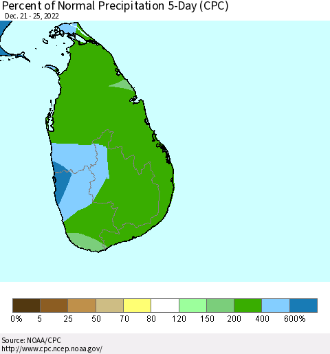 Sri Lanka Percent of Normal Precipitation 5-Day (CPC) Thematic Map For 12/21/2022 - 12/25/2022