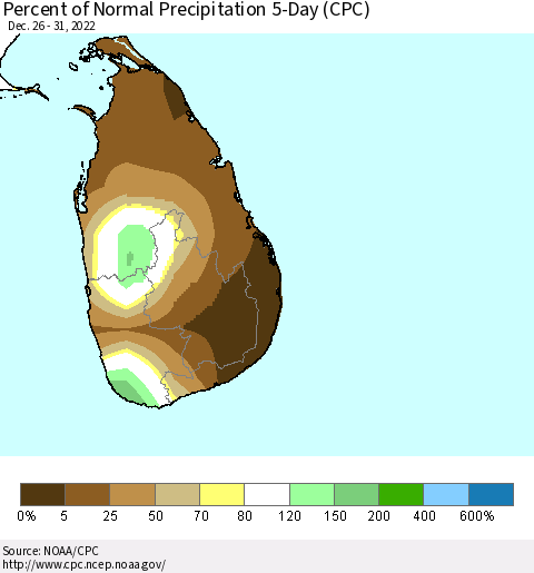 Sri Lanka Percent of Normal Precipitation 5-Day (CPC) Thematic Map For 12/26/2022 - 12/31/2022