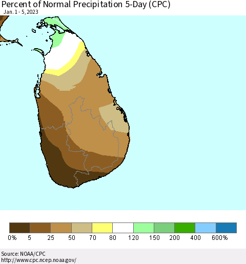 Sri Lanka Percent of Normal Precipitation 5-Day (CPC) Thematic Map For 1/1/2023 - 1/5/2023