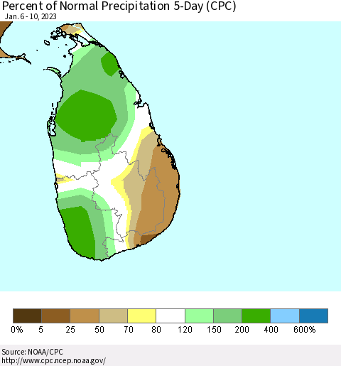 Sri Lanka Percent of Normal Precipitation 5-Day (CPC) Thematic Map For 1/6/2023 - 1/10/2023
