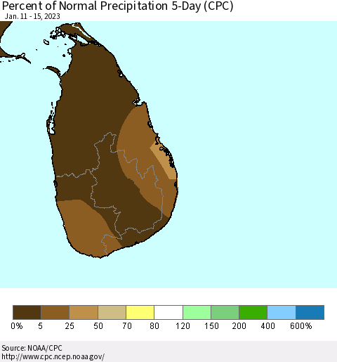 Sri Lanka Percent of Normal Precipitation 5-Day (CPC) Thematic Map For 1/11/2023 - 1/15/2023