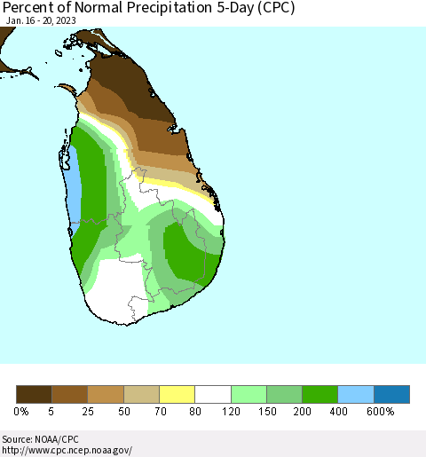 Sri Lanka Percent of Normal Precipitation 5-Day (CPC) Thematic Map For 1/16/2023 - 1/20/2023