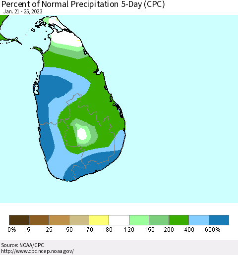 Sri Lanka Percent of Normal Precipitation 5-Day (CPC) Thematic Map For 1/21/2023 - 1/25/2023
