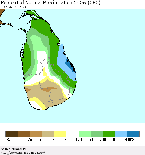 Sri Lanka Percent of Normal Precipitation 5-Day (CPC) Thematic Map For 1/26/2023 - 1/31/2023