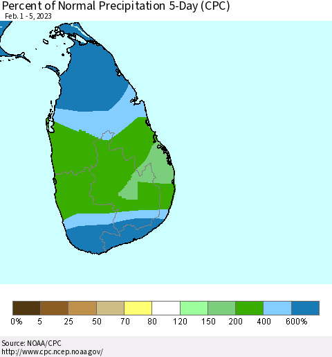 Sri Lanka Percent of Normal Precipitation 5-Day (CPC) Thematic Map For 2/1/2023 - 2/5/2023