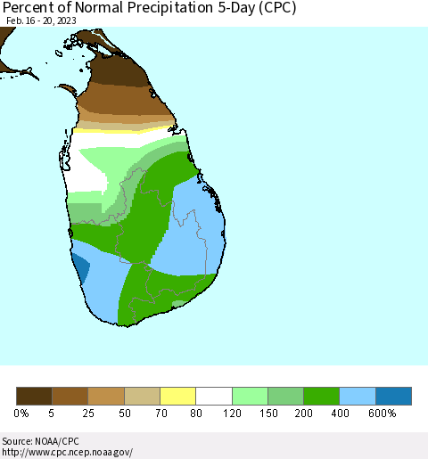 Sri Lanka Percent of Normal Precipitation 5-Day (CPC) Thematic Map For 2/16/2023 - 2/20/2023
