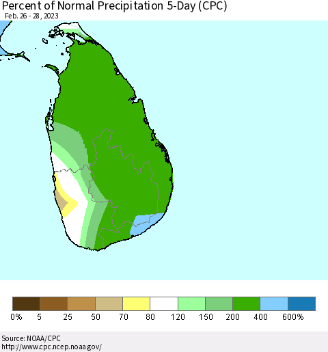Sri Lanka Percent of Normal Precipitation 5-Day (CPC) Thematic Map For 2/26/2023 - 2/28/2023