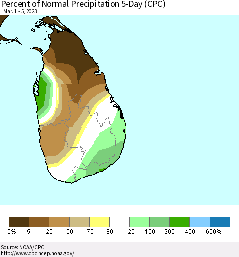 Sri Lanka Percent of Normal Precipitation 5-Day (CPC) Thematic Map For 3/1/2023 - 3/5/2023